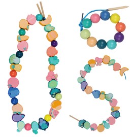 TRUEIN 33 Pieces Montessori Wooden Toy Threading Game, Wooden Beads for Threading Children from 2 3 4 5, Threading Game Educational Wood, Vegetable Fruit Beads Threading Game Toy for Girls and Boys