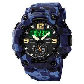 FANMIS Mens Analog Digital Dual Display Sports Watches Military Multifunctional 50M Waterproof LED Watch with Alarm Stopwatch Backlight 12H/24H Outdoor Running Swimming (Y Blue Camouflage)