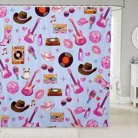 jejeloiu Girls Music Shower Curtain Pink Guitar Cat Western Cowgirl Bath Curtain for Stalls Bathtubs 72"x72" Fashion Women Singer Bathroom Accessories Waterproof, with 12 Hooks Blue Pink Home Decor