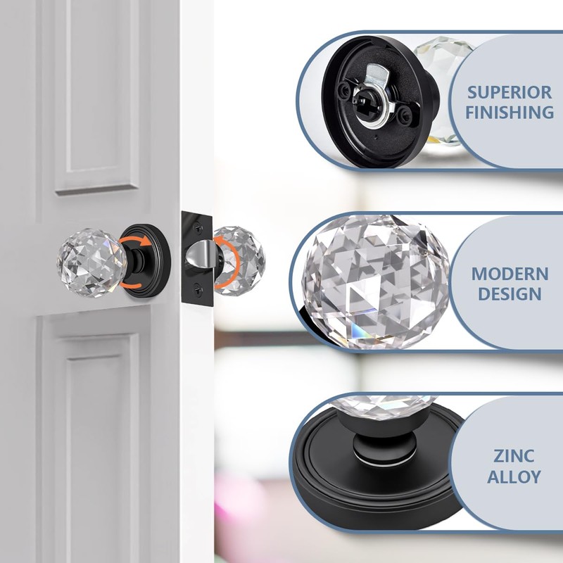 Bwintech 1 Pair Solid Crystal Black Door Knobs, 65mm Palace