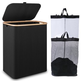 iEGrow 150L Laundry Basket with Lid,Large Laundry Hamper with Bamboo Handles, Hampers for Laundry, Dirty Clothes Hamper with 2 Removable Inner Bags for Clothes Toys Towels,Black