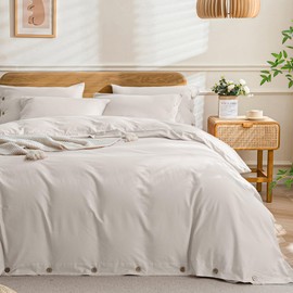 JELLYMONI - Funda de edredón tamaño Queen Extragrande, Beige con Botones, 100% algodón, Juego de Cama Transpirable y Suave de 3 Piezas, Funda de 98 x 98 Pulgadas y 2 Fundas de cojín (sin edredón)