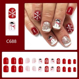 Short Square Christmas Press on Nails Red Fake Nails with Snowman and Snowflake Designs Glossy Acrylic Glue on Nails Full Cover Short Christmas Stick on Nails Winter Artificial Nails for Women, 24Pcs