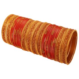 Touchstone New Indian Bollywood Glamorous Fashion Wrist Enhancing Shimmering Golden Glitters Textured Orange Color Designer Jewelry Bracelets Bangle Chura. Set of 48 in Gold Tone for Women.