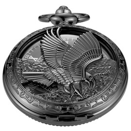 Whodoit Black Hollow Eagle Hand Wind Mechanical Pocket Watch, Black Dial Blue Roman Numerals Pocket Watches for Men Gifts