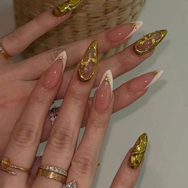 Medium Press on Nails Almond French Tip Fake Nails with 3D Gold Flower Chrome Rhinestone Designs Full Cover Stick on Nails Artificial False Nails for Women 24 Pcs (Gold-14, M-14)