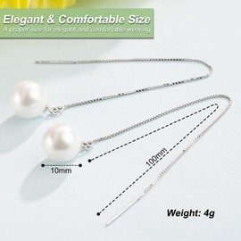 Pearl Stud Earrings for Women, 925 Sterling Silver Puller Long Dangle Earrings, Pearl Pendant Earrings with Shiny Balls and 10mm Beads, Gift for Women and Girls, Silver, Pearl