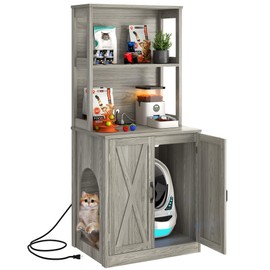 DWVO Large Hidden Litter Box Furniture With Shelves and Charging Station, Wooden Enclosure for Self-Cleaning Litter Boxes, Grey