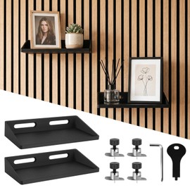GEEKHOM Acoustic Panel Shelves 2 Pack: No Drill Floating Shelves with Mounting Tools for 12-20mm Slat Wall Panels – Damage-Free Display Trays for Home Decor, 20x10cm Black