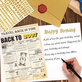 Vintage 18th Birthday Card from 2007 US Facts and Statistics, Jumbo A4 Size 18 Year Birthday Cards with Gold Stickers and Envelope, Seal Stamp Stickers, Inside Blank for Sign or Doodles, Gift Ideas