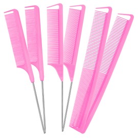 Patelai 6 Pcs Rat Tail Combs Set, 3 Pcs Long Steel Pin Teasing Combs 3 Fine Tooth and Wide Tooth Comb, Metal Parting Combs for Women Men Salon Hair Stylists(Pink)
