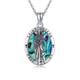 DAYLINLOVE St Joseph Medal Necklace 925 Sterling Silver Oval Abalone Shell Saint Joseph Pendant Necklace Religion Protection Saint Joseph Jewelry Gifts for Men Women