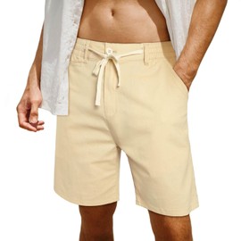 Mens Linen Shorts Khaki 7 Inch Inseam Stretch Casual Beach Shorts for Men Summer Lounge Vacation 34