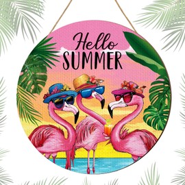 DoubleFill 11.8 Inch Hello Summer Flamingo Decorations for Home Wood Door Sign Hanger Front Door Decor Rustic Farmhouse Wall Hanging Decor for Summer Home Outdoor Indoor Beach Party Supplies