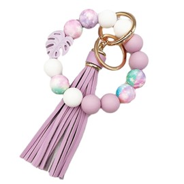 Phamines Leaf Bead Wristlet Keychain for Women,Printed Silicone Beaded Key Ring Car Key Holder Bracelet,Elastic Bangle Leather Tassel (Purple)