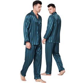 Lonxu Mens Satin Pajamas Set Green L