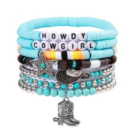 Cowgirl Howdy Surfer Heishi Clay Bead Bracelets Western Cowboy Boots Hat for Women Men Bohemian Stackable Silver Beaded Stretch Bracelets Elastic Layering Friendship Bracelet Set Boho Birthday Jewelry