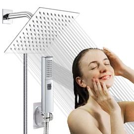 Dual Shower Head with Handheld Spray Combo, 6'' Bathroom High Pressure Square Rain Shower Head Set with 78" Stainless Steel Hose, 3 Way Diverter Valve, Adhesive Shower Head Holder, Chrome, AWAXFOLO