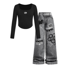 SOLY HUX Girl's 2 Piece Outfits Graphic Print Long Sleeve Tee Tops and Jean Pants Streetwear Set Black Letter 11Y