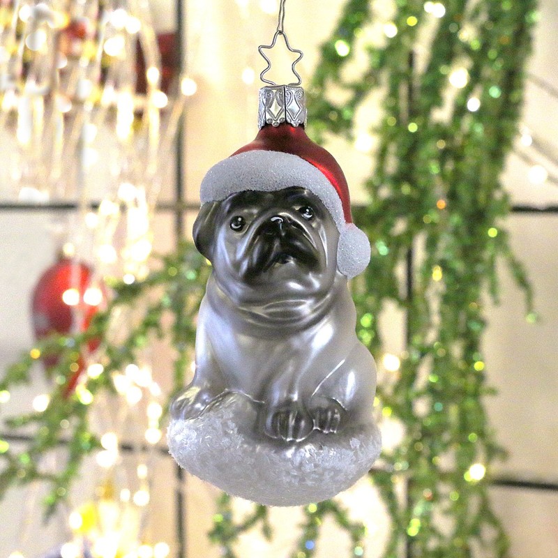 Inge-glas® IG-1-013-16 Christmas Hanger Pug with Santa Hat