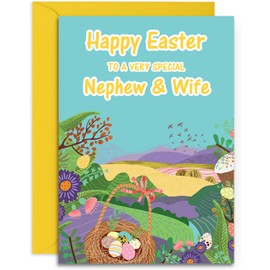 Nephew & Wife Easter Card - Spring Meadows - Medium Sized Card (A5 Size -148mm x 210mm) with Envelope