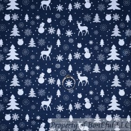 Signature BonEful Fabric FQ Cotton Quilt Navy Blue White Deer Tree Snowflake Dot Snowman S