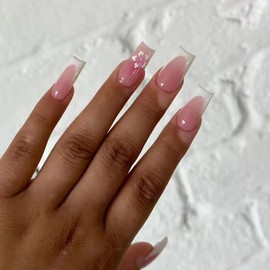Press on Nails French Design Floral - Medium Square Shiny Acrylic Nails with Flower Art - 24 pc Set in 12 Sizes - Easy Glam Nails for Women Parties & Events