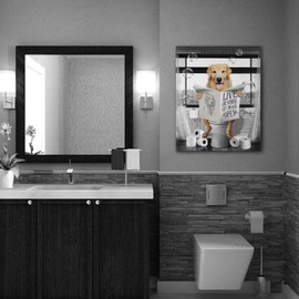 Golden Retriever Canvas Wall Art Black and White Funny Pictures Farmhouse Bathroom Wall Decor Dog Sitting in Toilet Painting for Toilet Bathroom Dog Artwork Framed 16"x20"