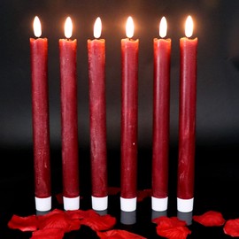 Wondise Flameless Taper Candles with Timer, Battery Operated Real Wax Realistic 3D Wick Burgundy Candles, for Home Wedding Holiday Decor(0.78x9.64 Inch)