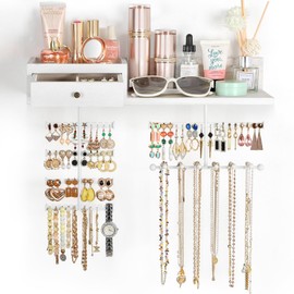 VINAEMO Jewelry Organizer Hanging Wall Mounted Jewelry Holder with Rustic Wood Drawer & Large Capacity Storage Shelf Rack Display for Earrings Rings Necklaces Bracelet(White Iron)