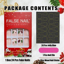 24pcs Christmas Nails Press on Nails Short Almond Shape Fake Nails with Glue Winter Christmas False Nails with Xmas Tree Snowman Snowflake Home Design Full Cover Christmas Nails for Women Girls