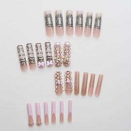 IMRAIN Press on Nails Extra Long Square Fake Nails Pink French Tips False Nails with Rhinestone Designs Full Cover Acrylic Artificial Glossy Glue on Nails for Women Girls 24Pcs Stick on Nails