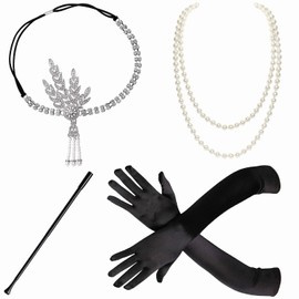 BABEYOND - Accesorios de estilo 1920s, Set de accesorios de disfraz Gatsby de los años 20s, diadema Flapper, collar de perlas, guantes, boquilla para cigarro, Set-11, Talla única