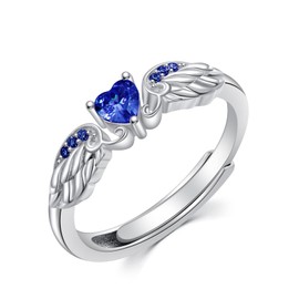 EUSJ 925 Sterling Silver Angel Wing Heart Ring for Women High Polish Angel Memorial Ring with BLue Sapphire Gemstone Birthstone Promise Ring Colored Zirconia Mothers Day Jewelry Christmas Gifts