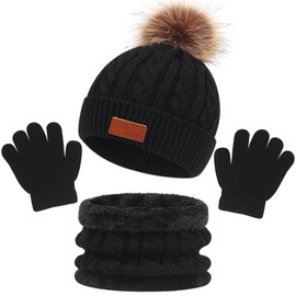 MAILEKT 3-in-1 Children's Winter Hat Scarf Gloves Set, black