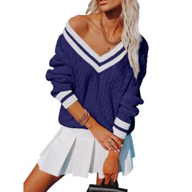 Aoudery Womens V Neck Oversized Sweaters Long Sleeve Cable Knit Pullover Striped Chunky Sweater Casual Tennis Tunic Tops - Navy Blue L