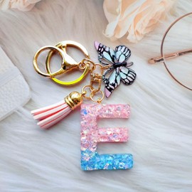 Cute Initial Letter Keychains for Women Girls Tassel Butterfly Multi-Color Keychain for Backpack School Bag (E-Pink Blue)
