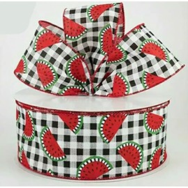 MIABE Ribbons Supplies for 5 YDS X 2.5" Wide Juicy Watermelon Slices on Black & White Check Wired Ribbon for DIY Craft, Gift Wrapping, Christmas Wreaths Decoration,...