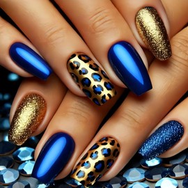 Medium Press on Nails Dark Blue Square Fake Nails Glossy Gold Blue Glitter False Nails Gold Leopard Print Acrylic Nails Press on Cute Full Cover Reusable Glue on Nail for Women Girls 24Pcs