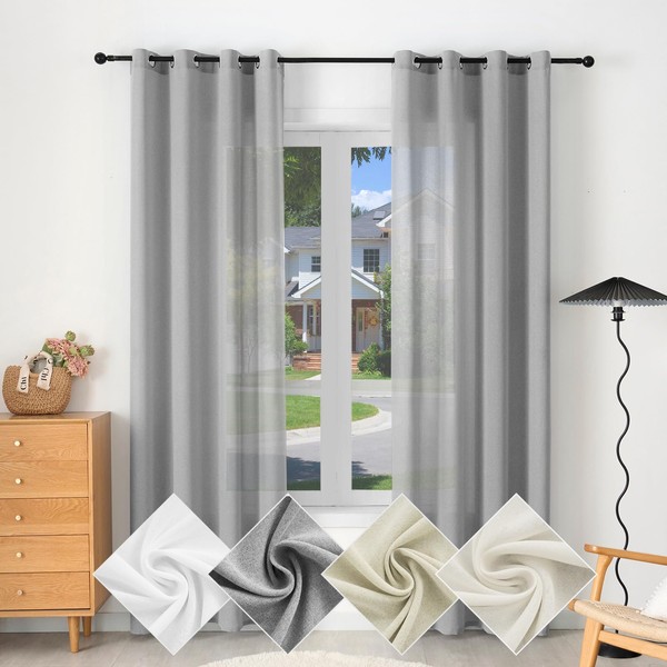WOLTU Curtains with Eyelets, Linen Look, Semi-Transparent Voile Linen Curtain,