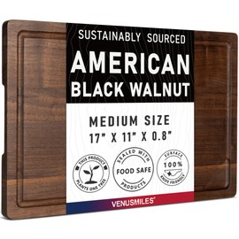 Walnut Wood Cutting Board for Kitchen with Deep Juice Groove & Side Handles, 17”L x 11”W x 0.8”H, Handcrafted North American Black Walnut Wood Grain, Medium Chopping Board, Reversible Butcher Block