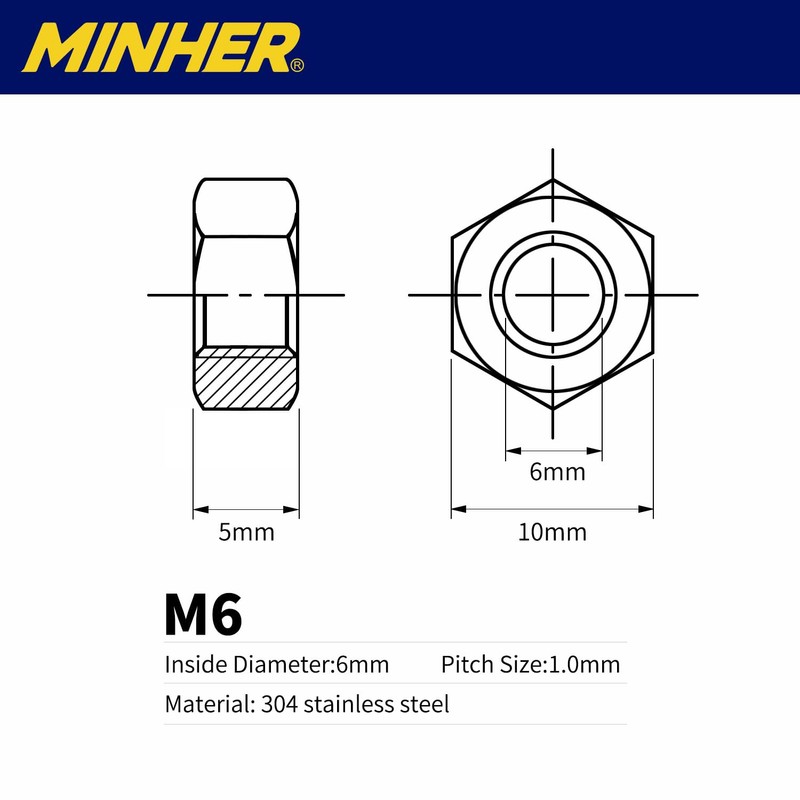 MINHER Hex Nuts, M6-1.0 Black oxidized 304 stainless steel Hex