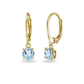 Yellow Gold Flashed Sterling Silver Blue Topaz 6mm Round Leverback Dangle Earrings for Women