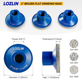 LOZLIN 3-Pack 2" Brazed Grinding Heads 5/8-11 Thread - Flat Abrasive Polishing Stones for Marble/Quartz/Granite/Cobblestone, High-Efficiency Surface Grinding Tools