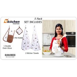 Olivia Rocco Kitchen Sets Apron Double Oven Gloves Towel Set Heat Resistant Oven Mitts Pot Holder for Home Kitchen Baking and Cooking Pack of 5, Dogs