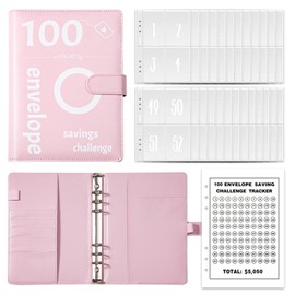A5 Binder Notebook, 100 Days Saving Challenge Binder, PVC Leather Loose Leaf Notebook, Budget Planner German, with Budget Sheets and Label Stickers for Finanfcial Planner (Pink)
