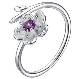Looyar S925 Silver Branch Cherry Blossoms Earrings Necklace Ring Purple & Pink Simple Flower (Ring Purple)
