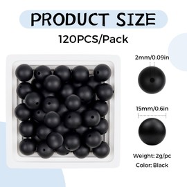 120PCS FIVEIZERO Silicone Beads, 15mm Round Silicone Beads Bulk Black for Keychain Making, Bracelet Necklace DIY Crafts (Black)