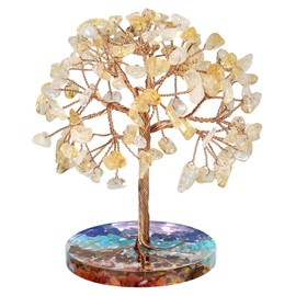 Nupuyai Citrine Crystal Money Tree with 7 Chakra Base, Energy Healing Good Luck Tree Figurines Fengshui Crystals Ornament for Home Office Decor