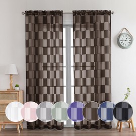 OVZME Barry Brown Sheer Curtains 84 Inch Length 2 Panels - Checkered Light Filtering Soft Airy Voile, Clip Jacquard Textured Drapes for Bedroom Living Room Window, Dual Rod Pocket, 42Wx84L